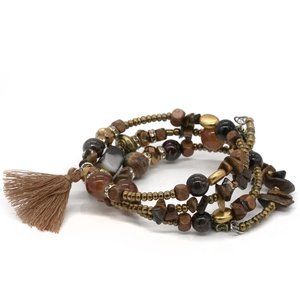 Bracelet Multiple Strands Brown, CharmTassel,Memory Wire. OS.